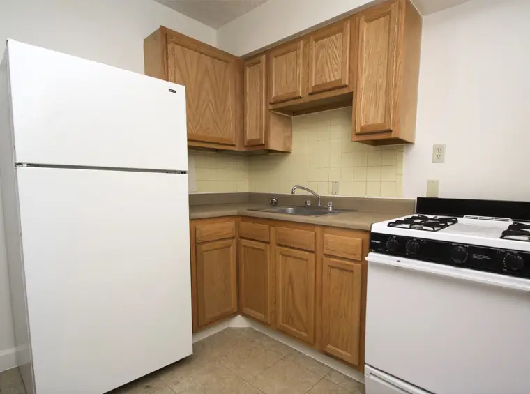 Kitchen with gas stove and refrigerator